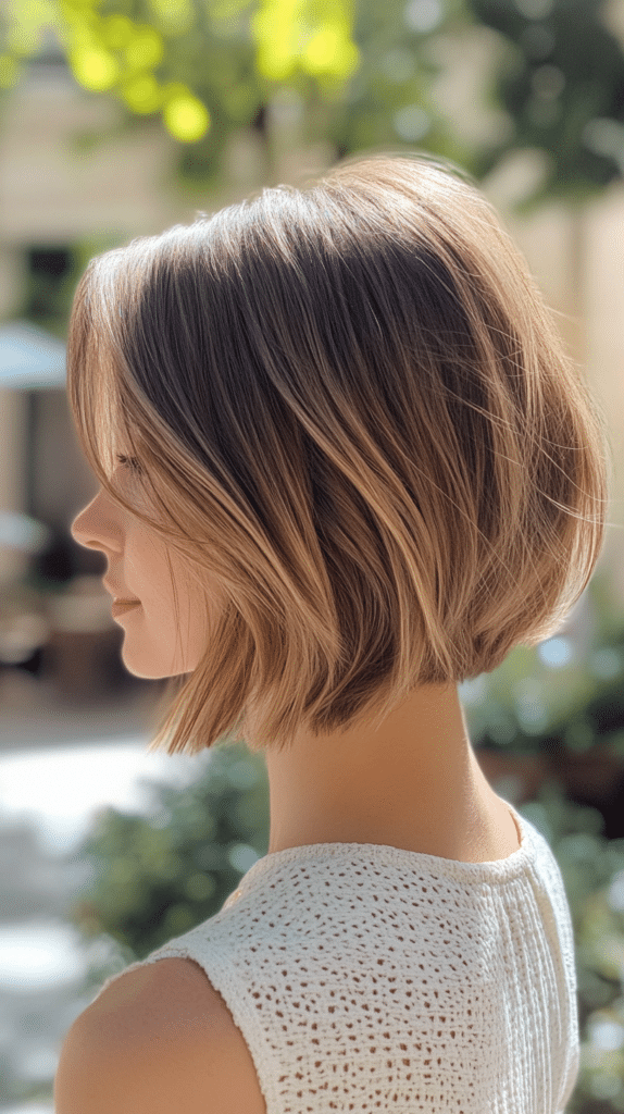 A woman with a chin-length bob and bronde balayage highlights, adding volume and movement for a fresh, modern style.