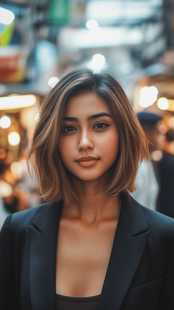 A woman with a chin-length inverted bob featuring warm bronde balayage streaks, giving a sharp and dynamic look.