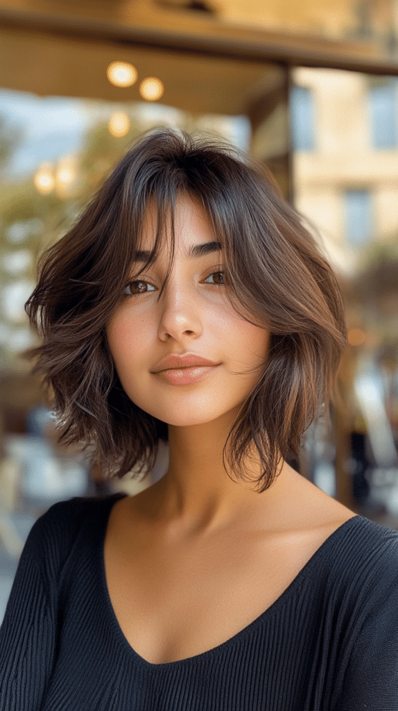 A woman with a playful, textured choppy bob and parted curtain bangs for a trendy, modern look.