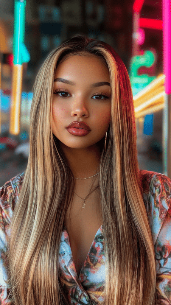 A woman with long, straight hair featuring chunky bronde highlights. The thick, high-contrast blonde and brunette streaks create a bold, early 2000s look.