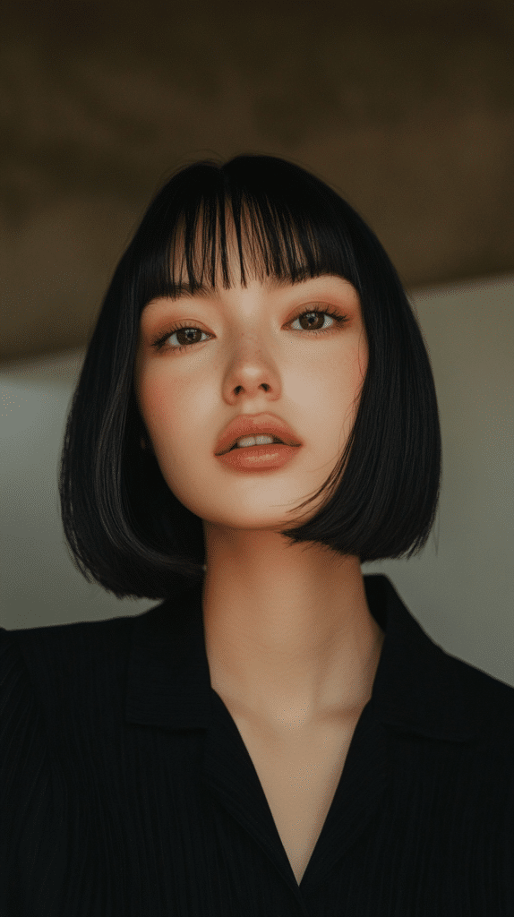 A woman with a sleek, even-length blunt bob and straight-across bangs, styled for a polished look.