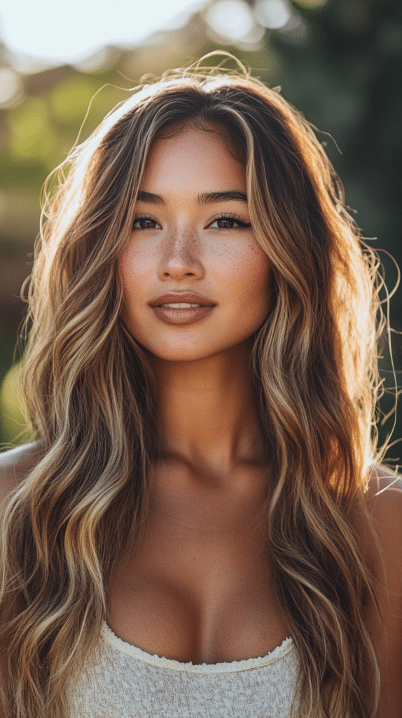 A woman with long, wavy bronde balayage hair featuring warm blonde and brunette tones. Her voluminous waves catch natural light, creating a sun-kissed effect.