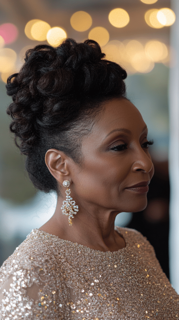 A woman with a classic French twist, styled for a sophisticated and timeless party appearance.