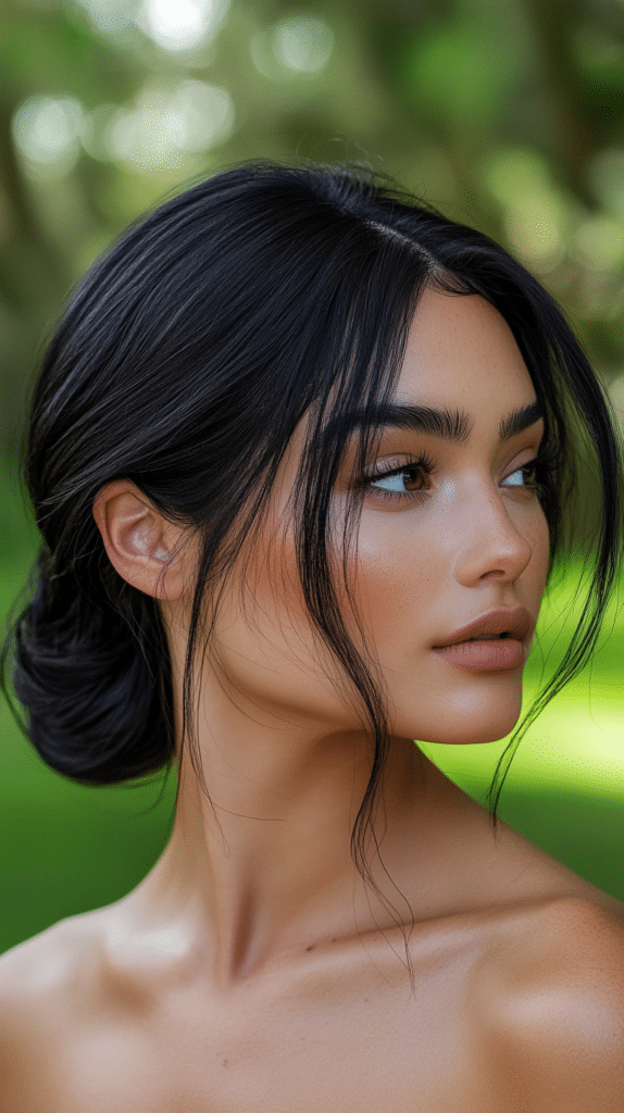 A woman with long black hair in a smooth, classic low bun, standing in a blurred garden setting.