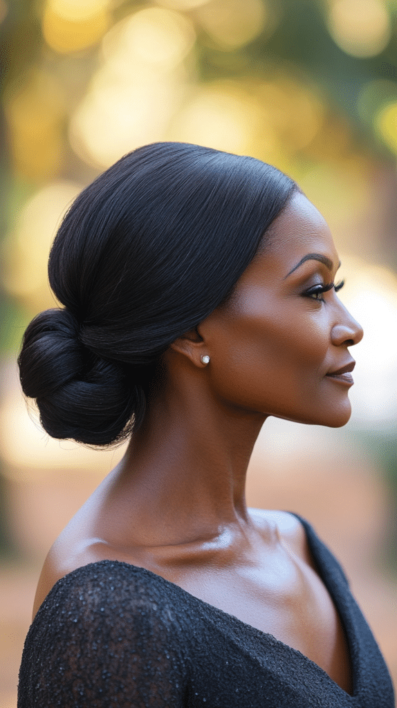 A sleek and elegant low chignon styled at the nape of the neck, perfect for a formal wedding.