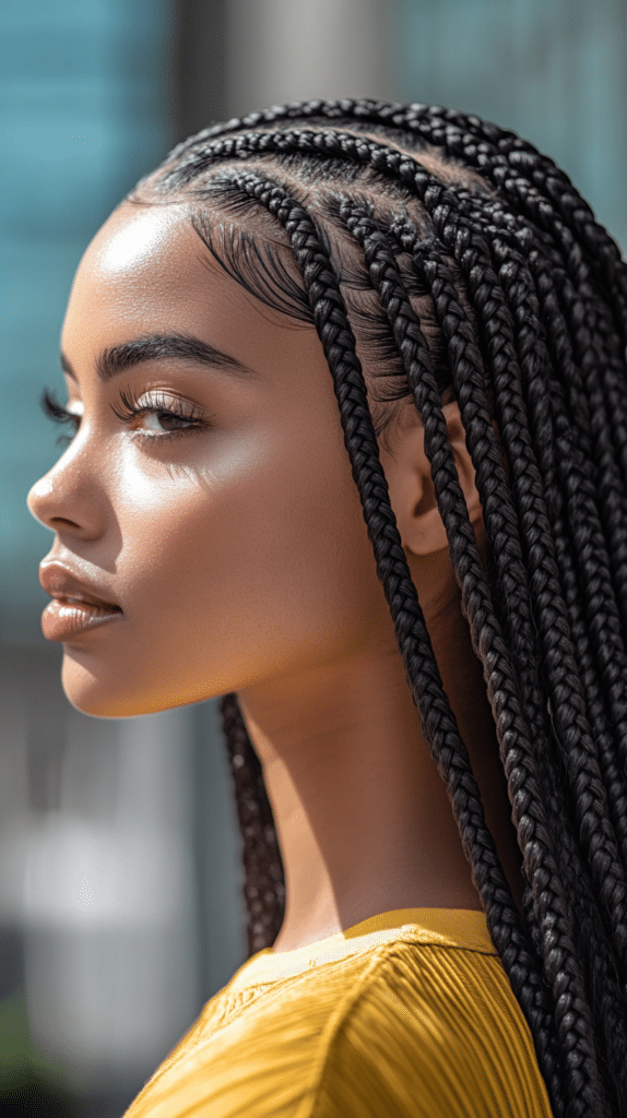A woman with sleek, straight-back Ghanaian braids in a neat, long-lasting style. The focus is on her well-defined braids.
