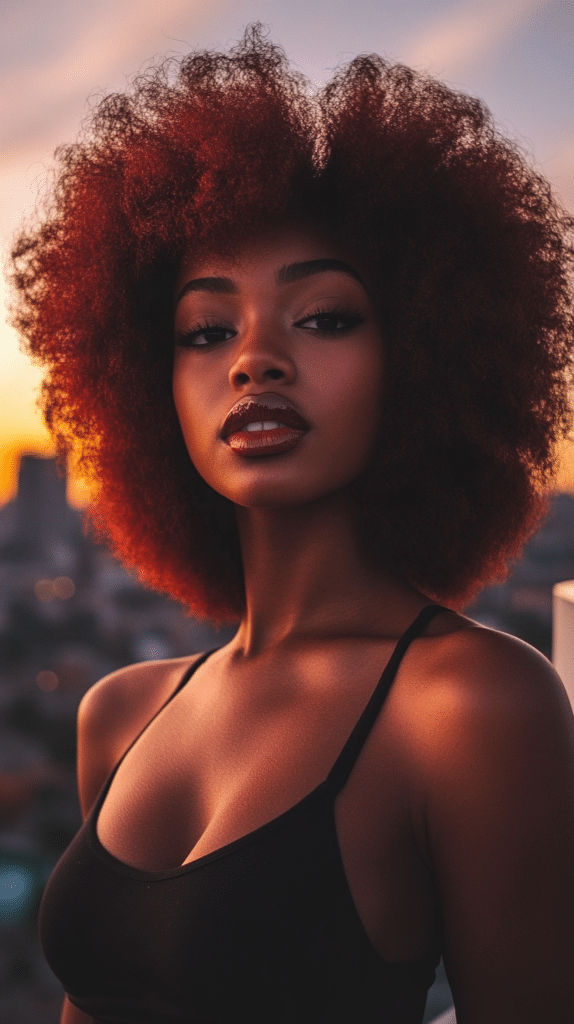 A woman with a short afro dyed in a vibrant shade, adding a unique touch to natural curls.