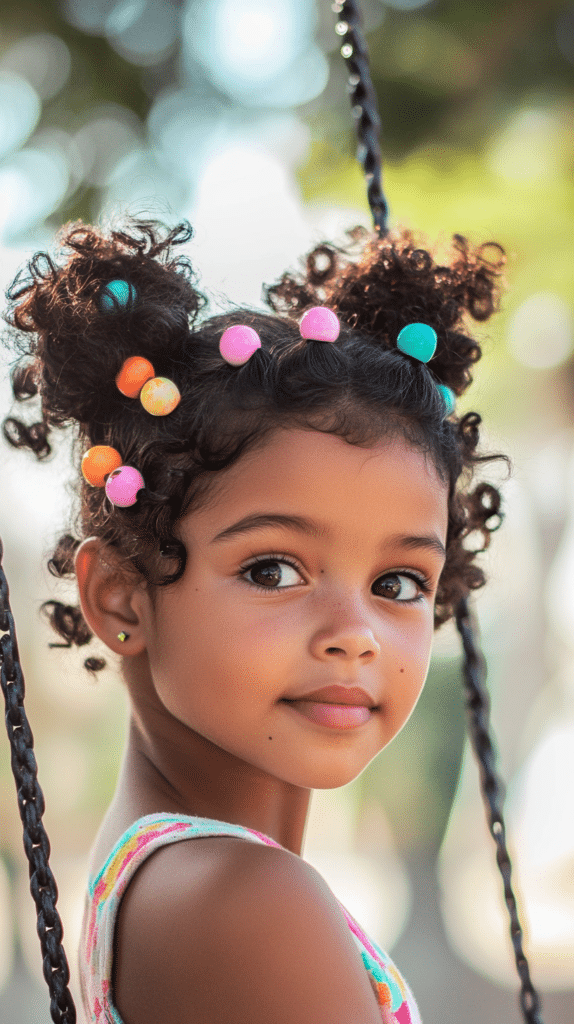 A girl with short, dark curly hair styled into two space buns decorated with pastel elastics, playing near a swing set.