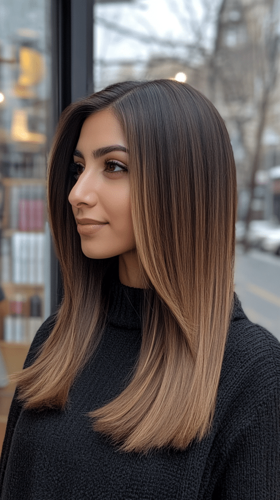 A woman with a gradual ombre from deep brunette to mushroom bronde. Her straight, sleek hair falls just below her shoulders.
