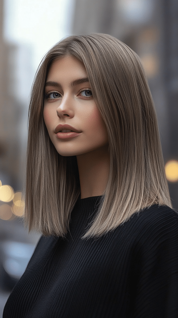 A woman with sleek, straight, cool-toned mushroom bronde hair. The ashy tones create a soft, modern look.