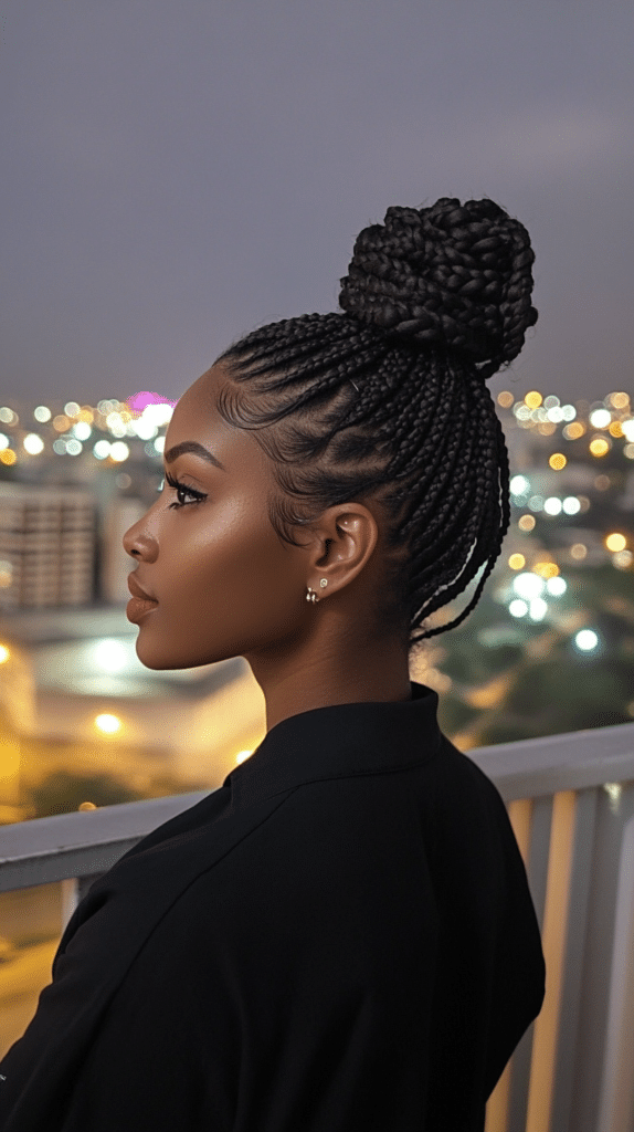 A woman with Ghanaian braids styled into a secure low bun, highlighting the intricate cornrow pattern.