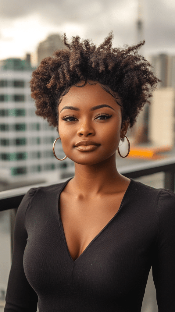 A woman with cornrows at the front leading into a voluminous short afro.