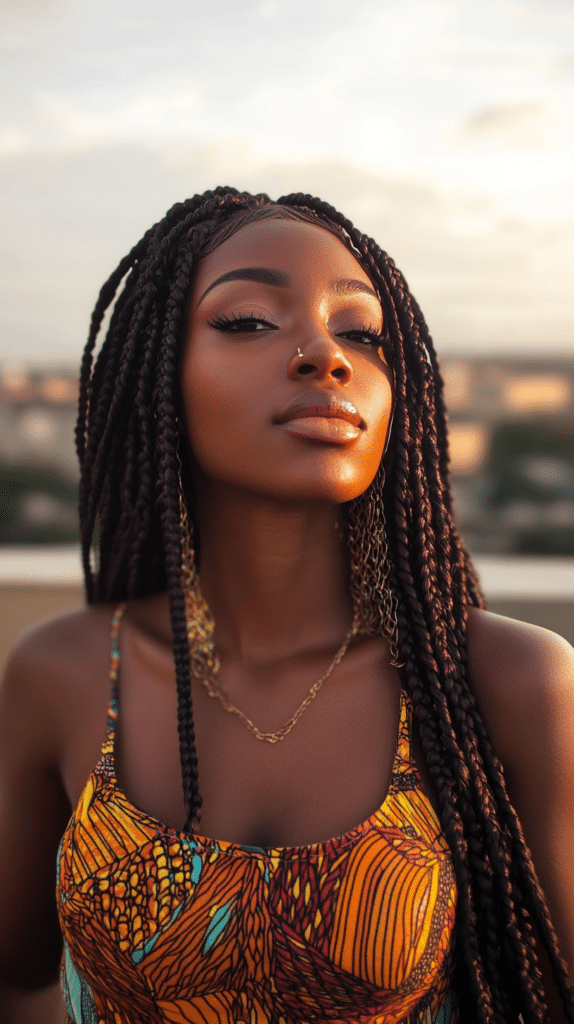 A woman with criss-cross Ghanaian braids, featuring an intricate geometric pattern for a unique and stylish look.