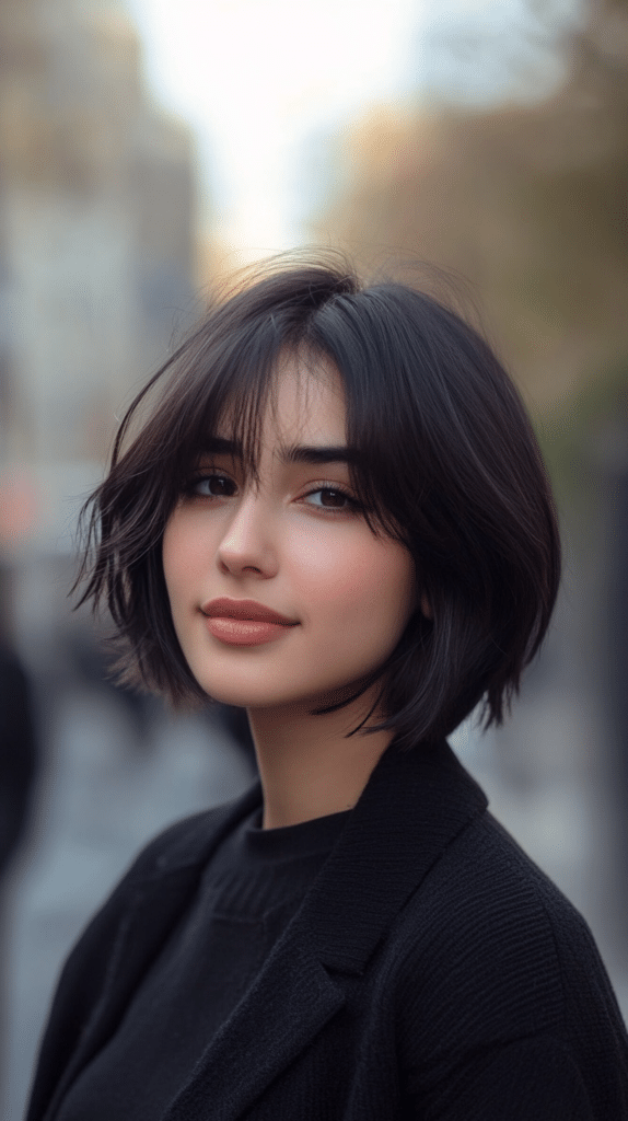 A woman with a short, edgy cropped bob and separated, piecey bangs, adding texture and movement.