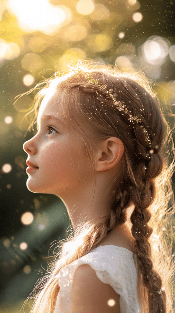 A girl with light brown hair styled in a crown braid, lightly dusted with glitter, sitting in a garden with a softly blurred setting.