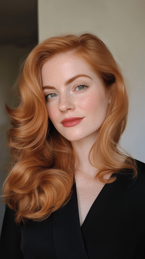A woman with classic Hollywood waves, styled smoothly with a glamorous finish.