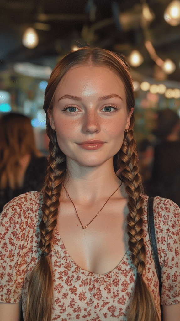 A woman with double braids, styled symmetrically for a cute and playful party hairstyle.