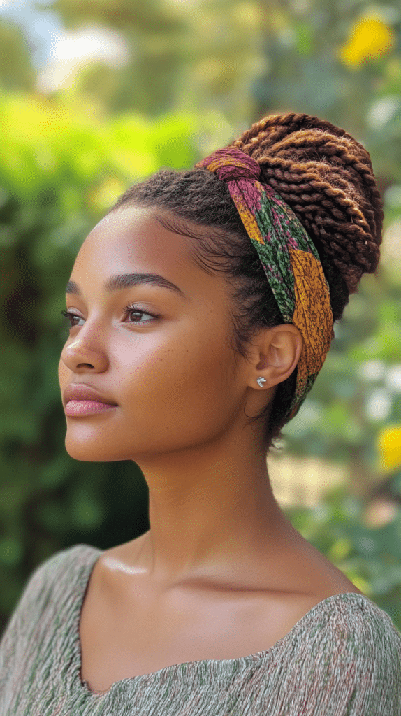 A woman with a braided headband, featuring a stylish woven detail for a secure and polished look.