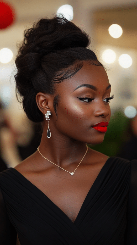 A woman with a side-swept updo, styled elegantly with a secure pinned-back finish.