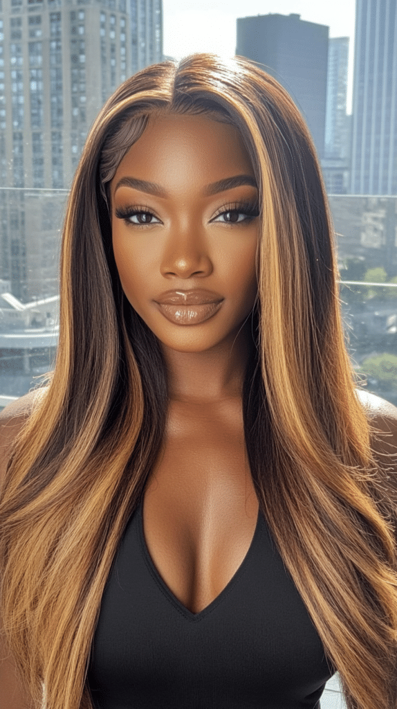 A woman with long, sleek bronde hair featuring deep brunette roots that gradually transition into golden blonde ends, creating a bold, high-contrast look.