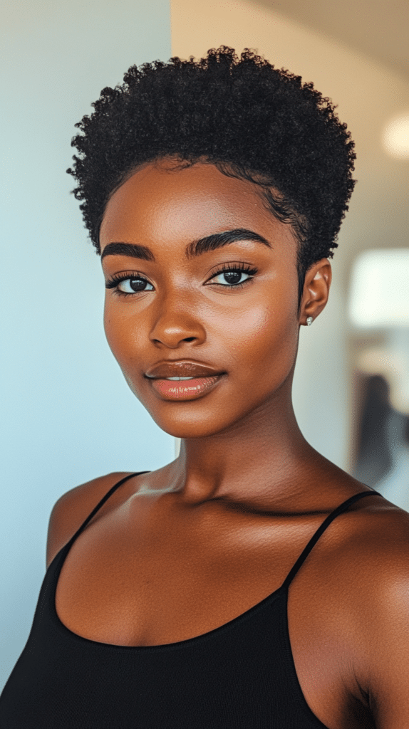 A woman with a sleek, well-defined short afro styled with gel for a polished finish.
