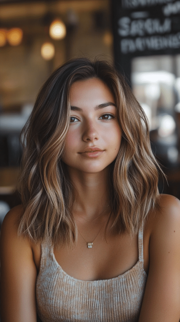 A woman with shoulder-length mushroom bronde hair featuring deep lowlights for added dimension. Her hair is styled in soft waves.