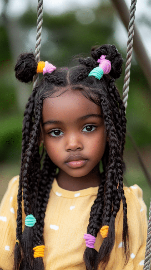 A girl with shoulder-length black hair styled in double Dutch braids, secured with pastel elastics, playing on a swing.