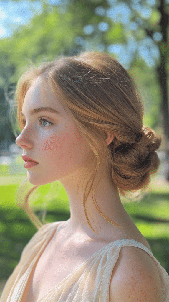 A woman with golden-blonde hair in a double-twist low bun, captured in an outdoor park.