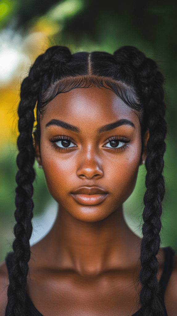 A woman with Dutch braid pigtails, styled tightly for a trendy and long-lasting look.