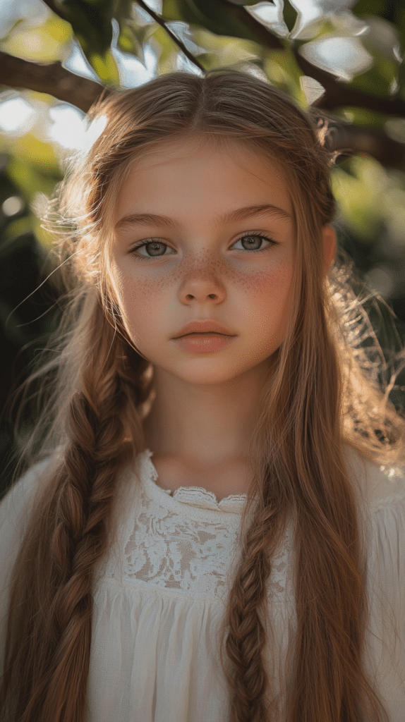 A girl with light brown hair styled into a braided headband, with the rest of her hair left loose, standing in a garden.