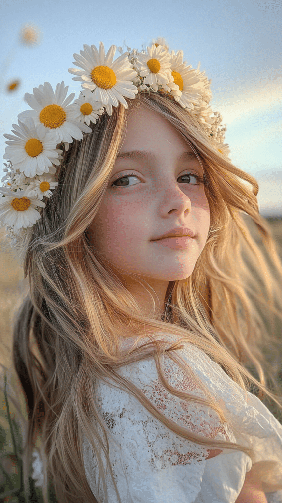 A girl with golden blonde hair styled in soft waves, wearing a pastel flower crown, sitting in a meadow with a blurred background.