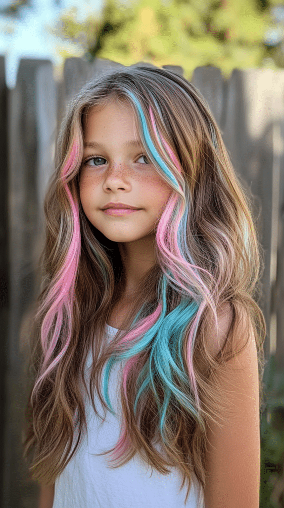 A girl with wavy brown hair styled with pastel pink and blue highlights, standing near a wooden fence with a blurred background.