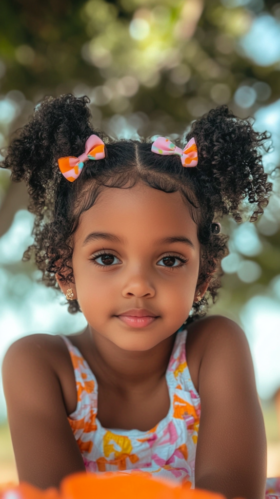 A girl with short, curly black hair styled in mini ponytails secured with pastel clips, sitting at a picnic.