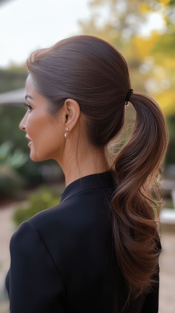 A sleek low ponytail with soft, cascading waves for a modern and refined look.