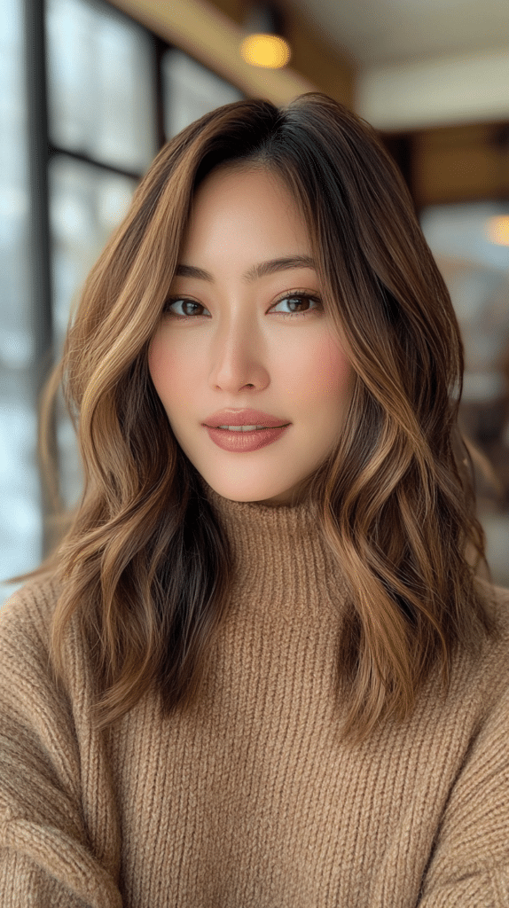 A woman with espresso bronde hair featuring a deep brown base with subtle golden highlights. The warm tones create a rich and sophisticated effect.