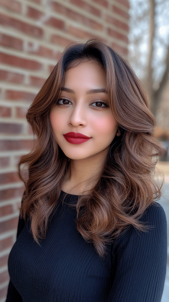 A woman with espresso brown hair blending into a cool mushroom bronde shade. The contrast adds richness and depth.