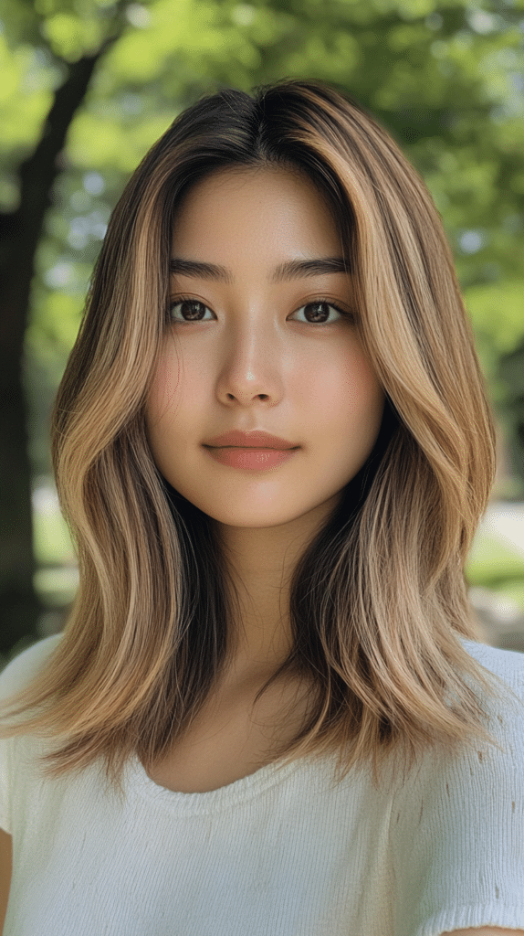 A woman with sleek, medium-length hair featuring bold bronde highlights around her face. The lighter strands add depth and brightness to her overall look.