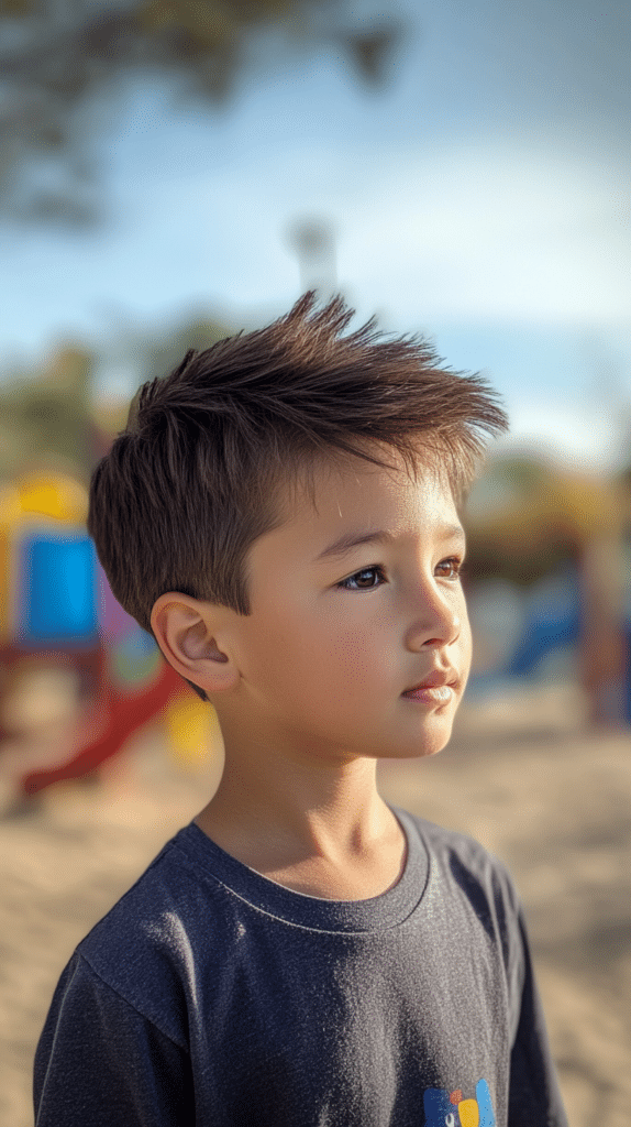 A boy with short dark brown hair styled into a faux hawk with gel, standing by a playground with a blurred background.