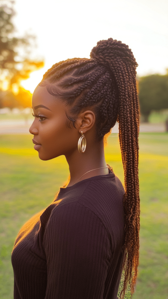 A woman with a sleek feed-in Ghanaian braids ponytail, tied high, creating a polished and practical style.