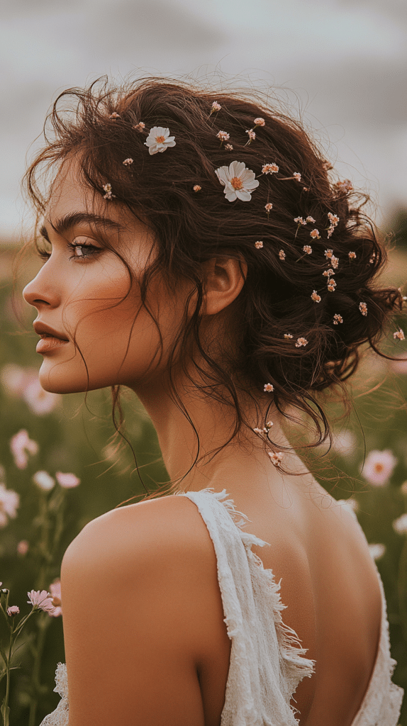A woman with dark curly hair in a low bun adorned with small fresh flowers.