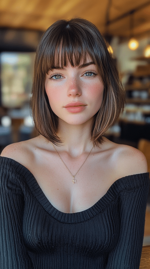 A woman with a jaw-length French bob and wispy bangs, creating an effortlessly chic style.