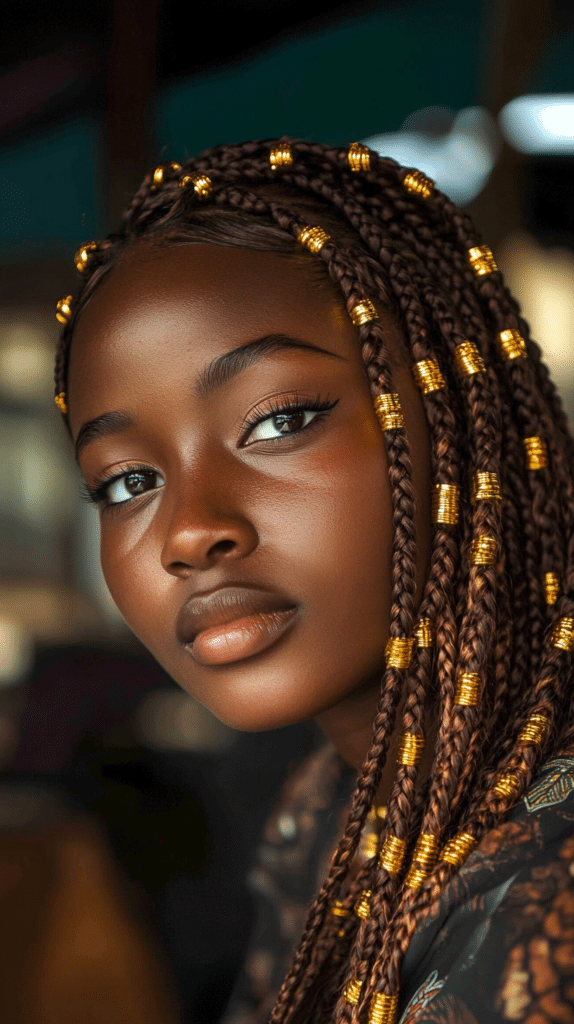 A woman with Ghanaian braids adorned with decorative beads, enhancing the style with added detail and texture.