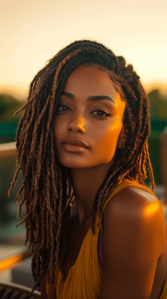 A woman with Ghanaian braids styled with a deep side-part, framing her face for a soft and stylish finish.