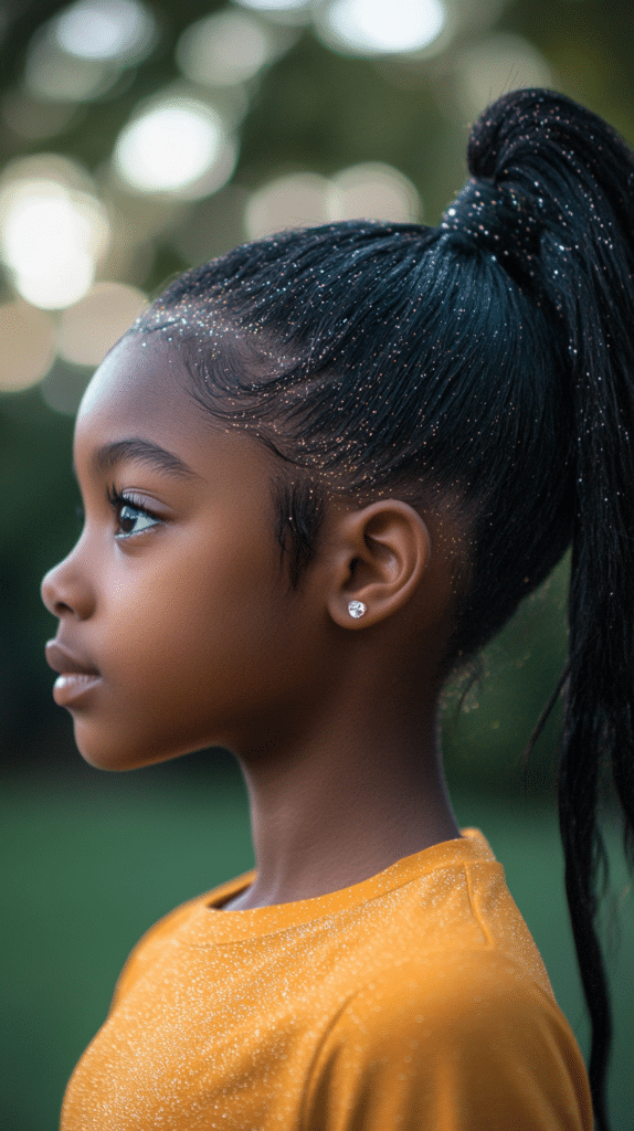A girl with straight black hair styled in a sleek ponytail covered with glitter gel, standing in a backyard with a blurred background.

