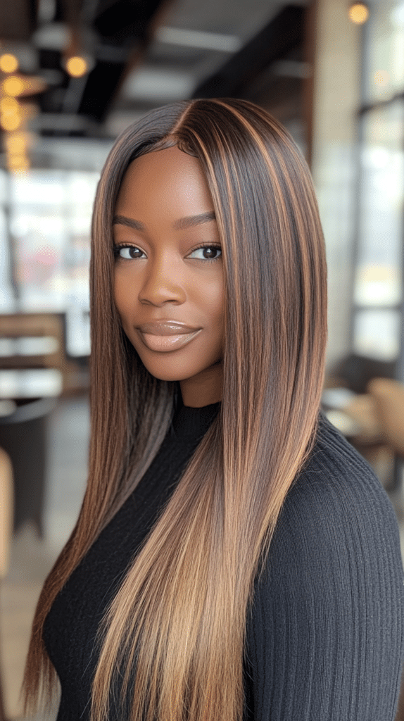 A woman with glossy mushroom bronde hair. The smooth finish enhances shine and depth in her straight, polished style.