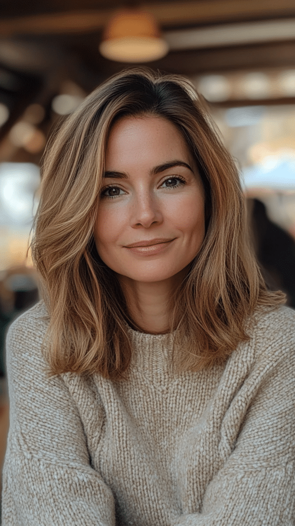 A woman with shoulder-length bronde hair featuring warm golden tones and dark, lived-in roots. The soft waves create a relaxed, effortless look.