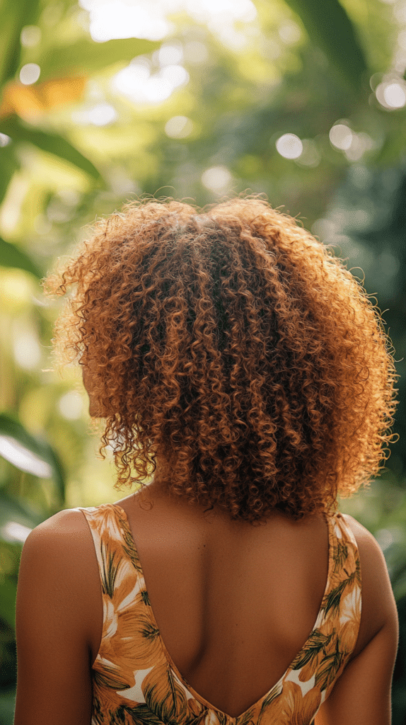A woman with golden mushroom bronde hair. The warm tones blend beautifully with her curls, giving a radiant, sun-kissed effect.