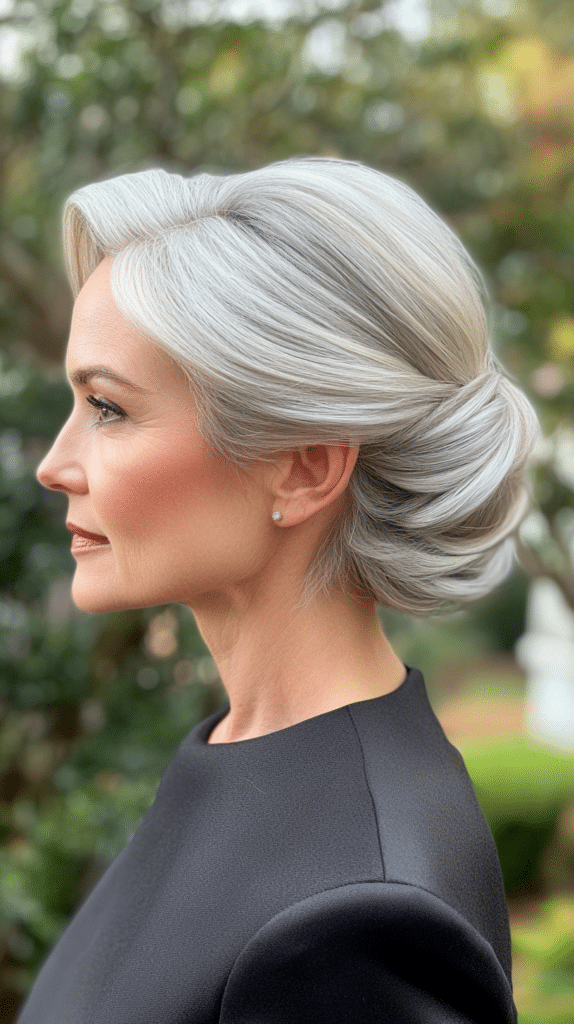 A polished French twist with a structured roll, creating a timeless and sophisticated look.