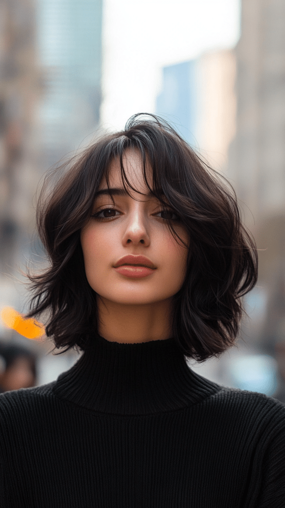 A woman with a slightly stacked bob at the back and soft side bangs for a modern, dimensional look.