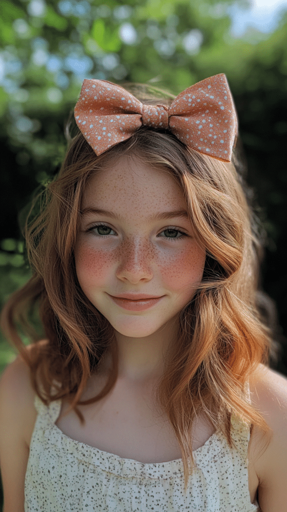 A girl with medium-length light brown hair styled in a half-up bow hairstyle, standing outdoors with a blurred garden background.